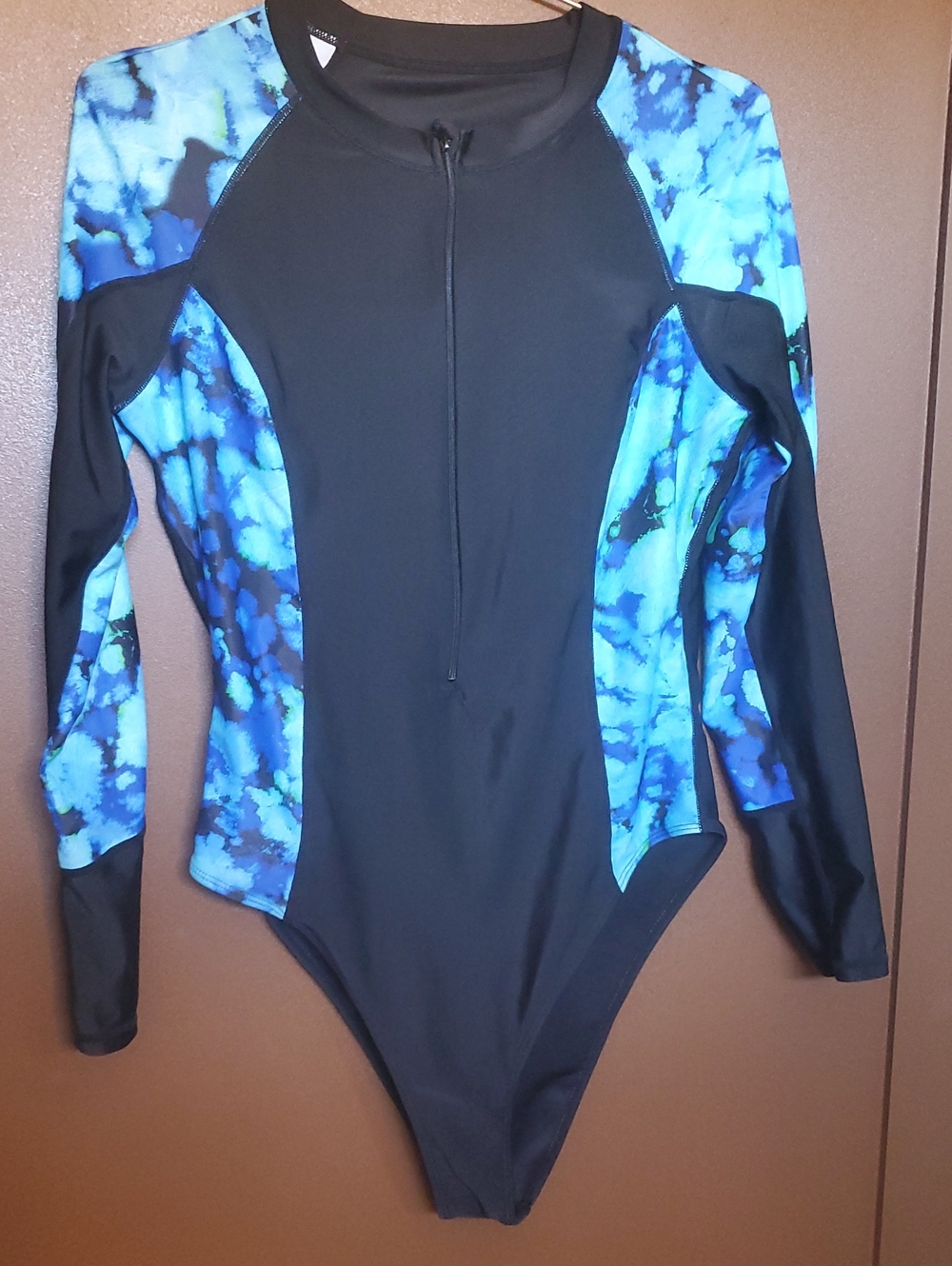 Black Long Sleeve One-Piece Swimsuit with Blue Tie-Dye Panels